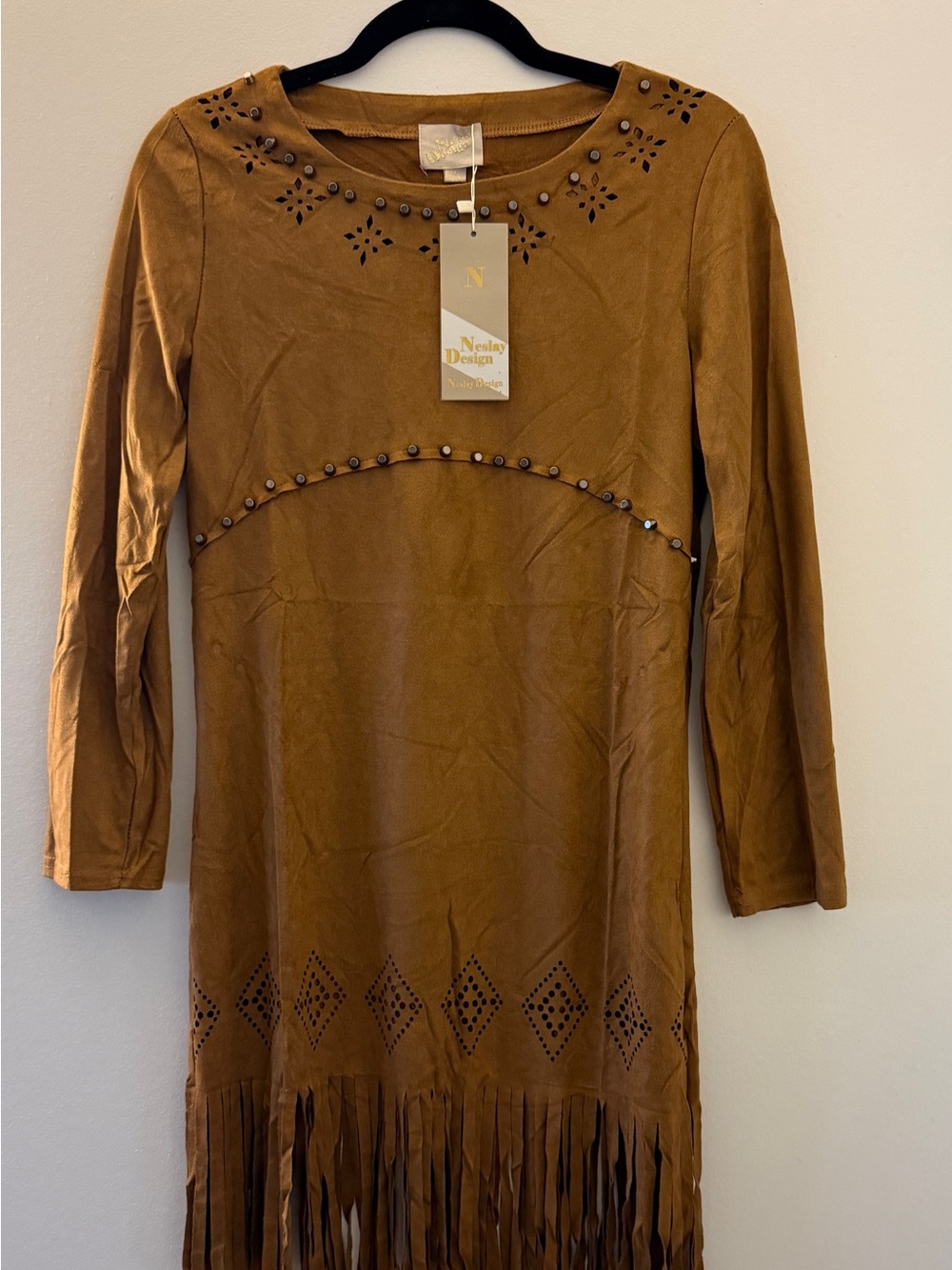 Neslay Boho Faux Suede Fringe Studded Western Dress - Size L